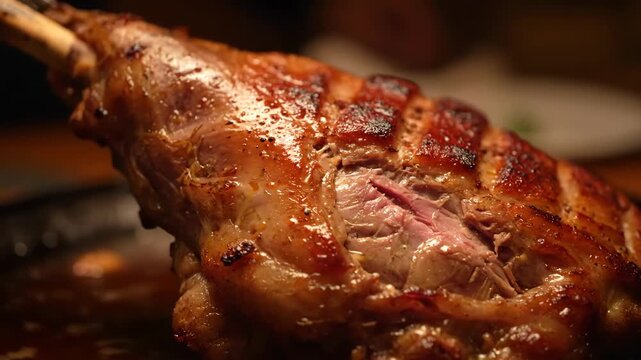 Close-up of perfectly slow-roasted leg of meat, likely lamb or ham, showing glossy, crispy skin and tender, juicy internal fibers resting in savory pan gravy for a holiday or festive dinner.