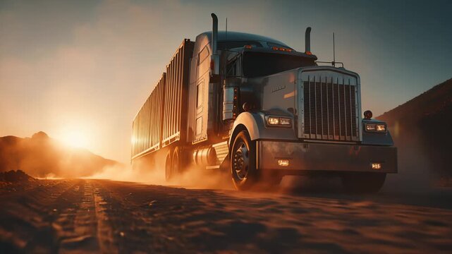 Powerful Freight Truck Driving Through Desert Road At Sunset