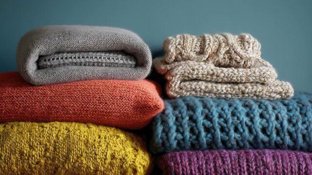 Collection of knit blankets and sweaters stacked neatly in a room with a blue wall during daytime showing a cozy textile scene