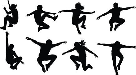 Obraz premium Jumping people silhouette illustration set, dynamic dance poses, active motion, black human vector design