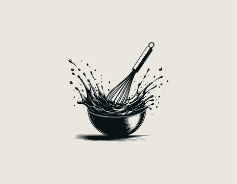 cooking illustration shows whisk mixing ingredients in bowl with dynamic splash