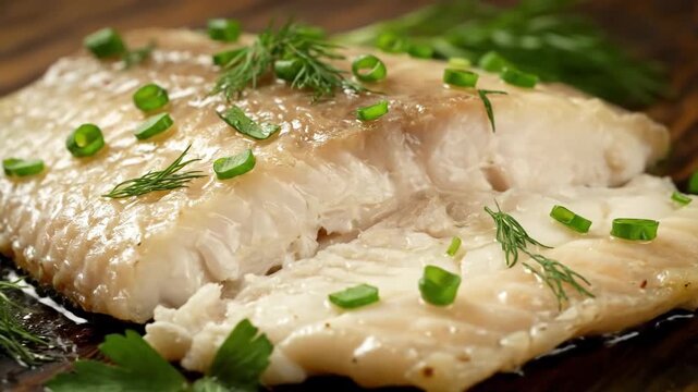 Delicious and Healthy Cooked White Fish Fillet Served with Fresh Dill and Scallions on a Rustic Wooden Background. Gourmet Seafood Meal Concept.