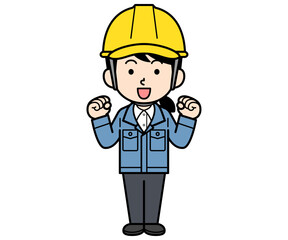 ガッツポーズするヘルメットをかぶった現場監督の女性