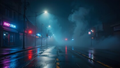 Wet Asphalt Street with Neon Light Reflections, Searchlight and Smoke in Dark Empty Night City Scene