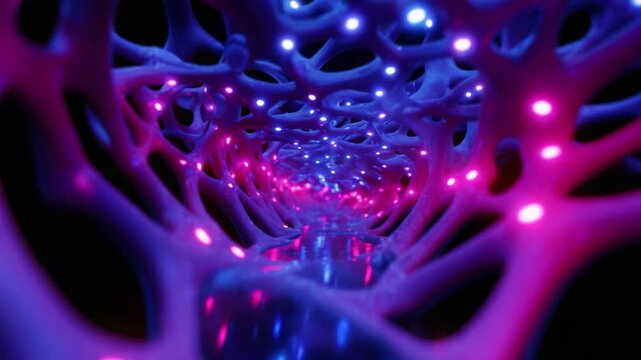Mesmerizing Journey Through an Abstract Neon Tunnel, Showcasing Intricate Patterns of Light and Color. This Visual Composition Blends Organic Shapes with Radiant Hues, Creating an Enchanting