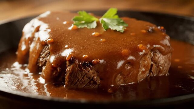 Close Up of Delicious Filet Mignon Steak Poured with Rich Brown Gravy Sauce, Served in a Black Skillet, Perfect for Restaurant Menu or Cooking Show.