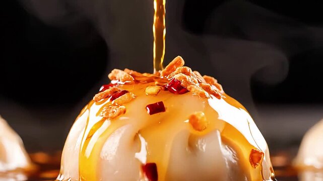 Red chili oil pouring on steaming dumplings with garlic and seeds