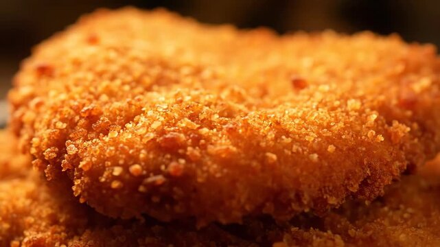 Extreme Macro Close-up of Crispy Golden Brown Breaded Coating Texture on Deep Fried Food like Chicken Schnitzel or Fish Fillet