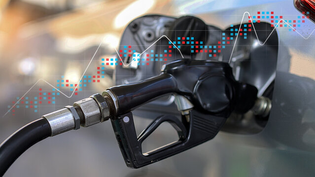 Black fuel nozzle pumping gas showing rising energy cost crisis due to inflation and financial graph with worried emotional stress about price