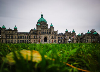 Obraz premium Grand historic legislative building on Vancouver Island, showcasing impressive architecture with its prominent dome, captured from a low perspective over lush green grass