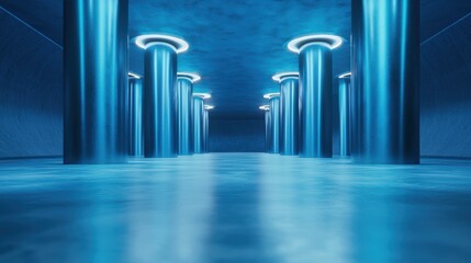 Naklejka premium Steel Interior view of a futuristic building with sleek steel columns.