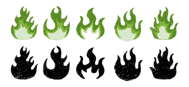 collection of green fire and black silhouette flame icons. hand drawn crayon style burning elements isolated on white background
