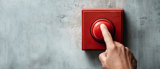 A hand pressing a red button on a wall.