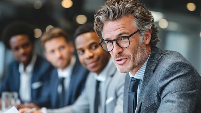  A team of professionals is engaged in a serious business meeting, sharing insights and ideas around a conference table.