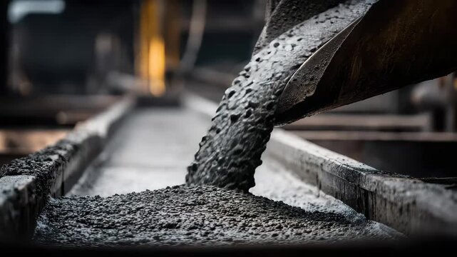 Concrete is poured from a chute into a long trough at a construction site during the day