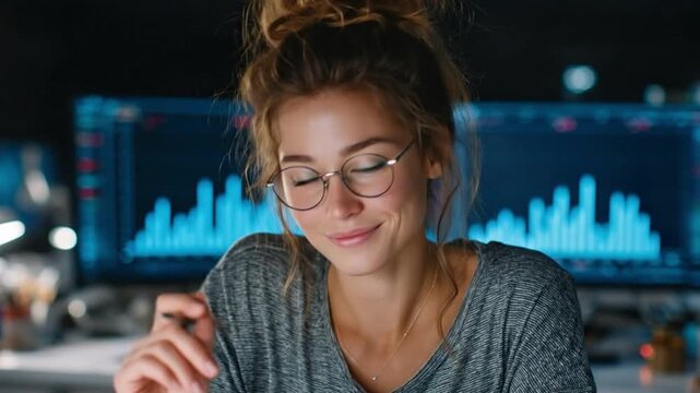  A young woman, illuminated by the glow of monitors, sits deep in thought, capturing the essence of focus and intellect. 