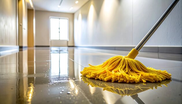 Yellow mop with thick strands resting against a wall on a wet floor, surrounded by visible water puddles on smooth reflective surface, illuminated by soft lighting to emphasize recent cleaning activit