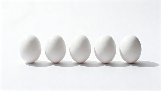 Row of Five White Eggs in a Line Isolated on White