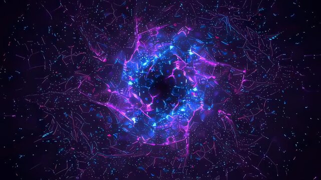 Abstract digital flower bloom animation of purple and blue cosmic glow lines with scattered particles for technology background