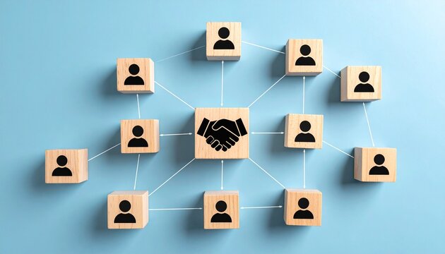 Network of wooden blocks on a light blue background, each block featuring a black icon&mdash;most with person symbols and one central block with a handshake icon&mdash;connected by white lines and dots forming a 