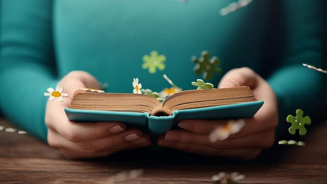 Hands Holding Open Book with Blossoming Wildflowers