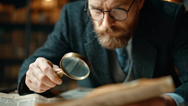 Dedicated Researcher Examining Ancient Papers with Magnifying Glass in a Vintage Library