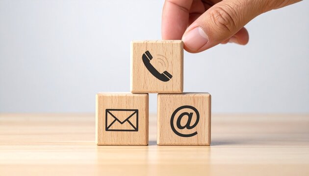 Three wooden blocks stacked vertically on a light wooden surface with neutral background, each block displaying a communication icon&mdash;top block with telephone receiver, middle block with envelope, bott