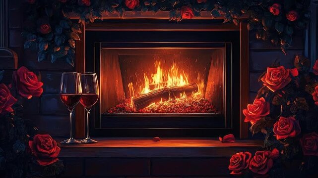 Cozy fireplace adorned with roses and wine glasses