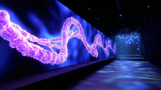 A Captivating Visual Journey Through the Helical Structures of DNA, Illuminated by Vibrant Lights and Modern Design, Showcasing the Intricacies of Genetic Information in a Stunning Artistic