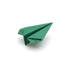 Green paper plane origami isolated on a white background