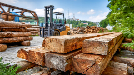 Fototapeta premium Wooden logs are neatly stacked at a lumberyard in a scenic location, with a forklift ready for transport under a bright sky in the early afternoon hours