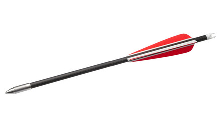 Close-up of a Black and Red Arrow with Metallic Fletching on a Solid Black Background