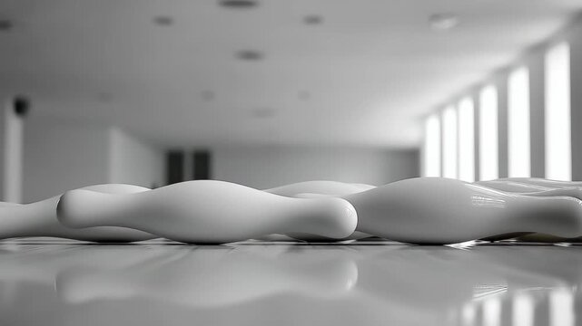 Group of white bowling pins lined up on a smooth surface in a well-lit bowling alley space during the day
