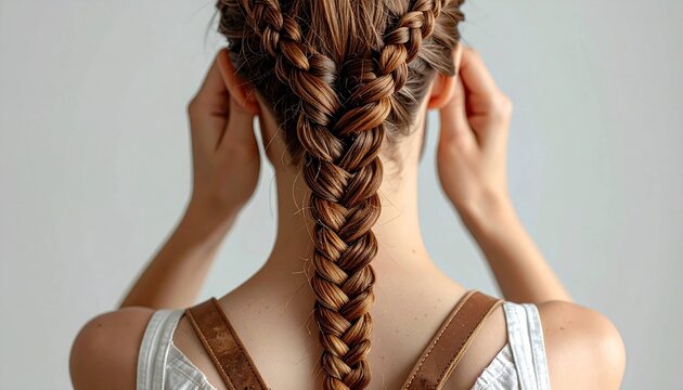 Intricate double braids (Dutch or French braid style) on wavy brown hair with highlights.&nbsp;r