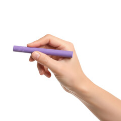 Woman hand holding purple chalk stick for drawing