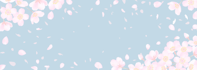 桜の花と春のスモーキーな空の横長背景イラスト