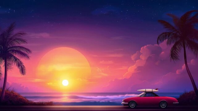 Tropical beach sunset with vibrant colors, palm trees, classic car, surfboard aesthetic