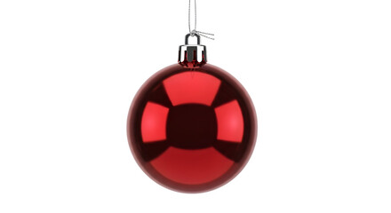 Red Christmas Ornament Hanging on Black Background with Reflective Surface