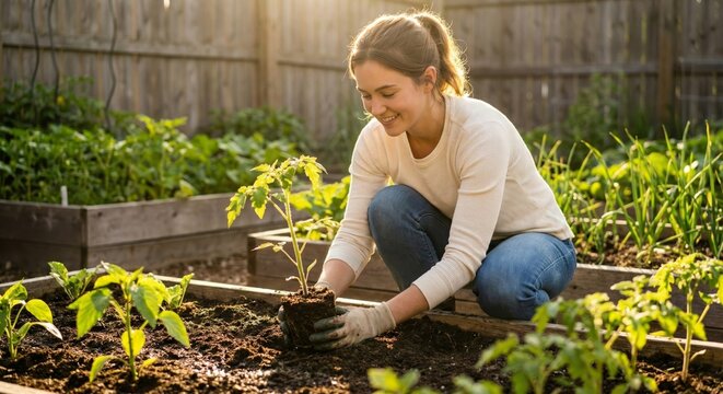 Young woman gardening in a backyard vegetable patch, kneeling in soil while planting seedlings, representing sustainability, care, and outdoor lifestyle.