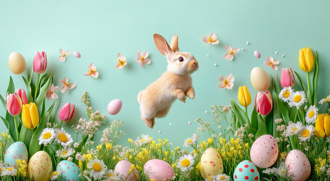 happy easter banner with a cute bunny jumping, colorful eggs, and tulips on a pastel green background. 
