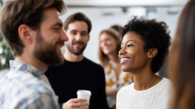 Friends laughing and talking during social gathering indoors  