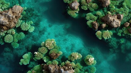 Obraz premium Aerial View of Vibrant Coral Reefs Surrounded by Crystal Clear Turquoise Waters and Boulders Under Bright Sunlight in a Tropical Marine Environment