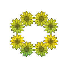 Symmetrical circular floral frame illustration flowers with green leaves
