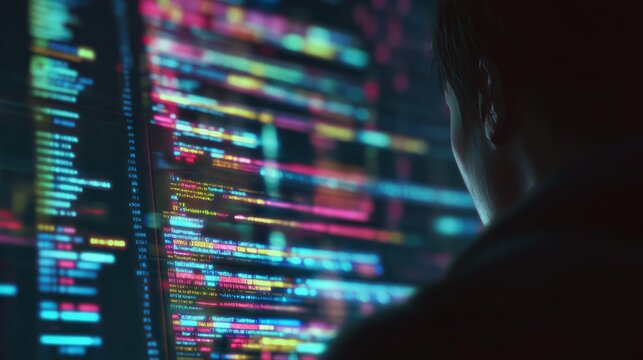 Software developer coding on dual monitors at night