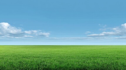 Obraz premium Vast Open Green Field Under Bright Blue Sky with Fluffy White Clouds, Ideal for Nature and Outdoor Themes in Stock Photography