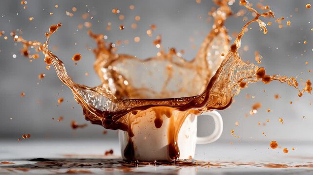 Coffee spills out of cup during pouring process in a bright kitchen setting with focus on the liquid splashing