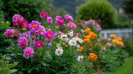 Obraz premium Colorful Garden with Diverse Flowers Blooming Under Bright Sunlight, Vibrant Greenery, and Scenic Background for Nature Lovers and Gardening Enthusiasts