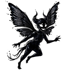 Black demon fairy with horns and glowing eyes, mischievous grin, flying