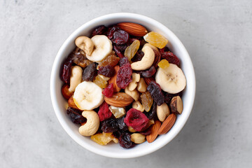 Trailmix snack with nuts and fruit. Healty snack. Snack for vegans