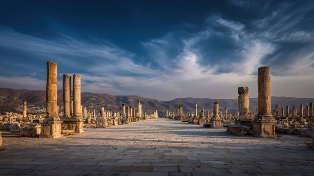 receding. An ancient Roman stone road receding into the distance under a vast sky. travel magazines, destination branding, designed for travel destination branding, elevates destination branding.